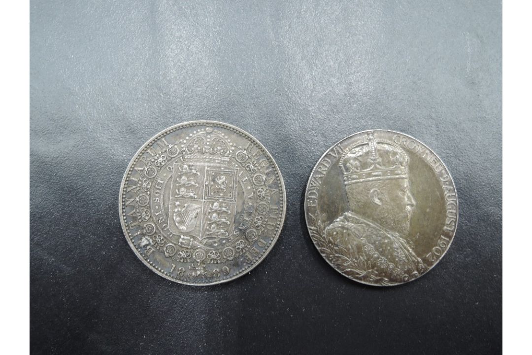 A 1889 Queen Victoria Silver Half Crown and a 9 Aug 1902 Edward VII and Alexandra Queen Consort - Image 1 of 2