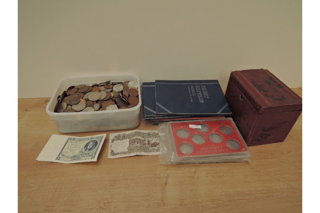 A collection of GB Copper, Brass and Copper-Nickel Coins along with empty Coin folders, oriental
