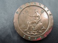 A 1797 George III Copper Two Pence, heavily cleaned