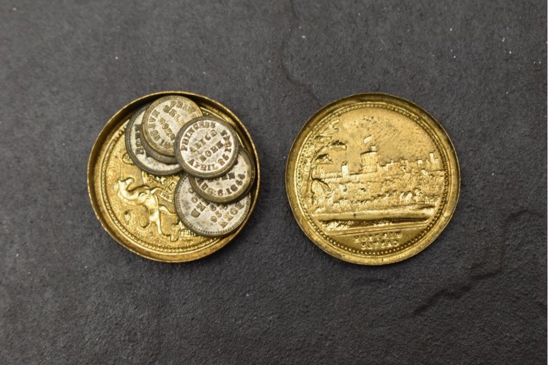 A set of seven Victorian toy money pieces, in original brass 'Windsor Castle' capsule, each coin - Image 3 of 3