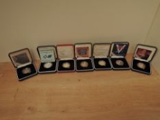 Seven Royal Mint Silver Proof Two Pound Coins, 1986 Commonwealth Games, 1997, 2001 Marconi, 2003