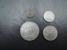 Four GB & US Coins, GB 1816 George III Silver Shilling, 1822 George III Silver Crown, 1843 Queen