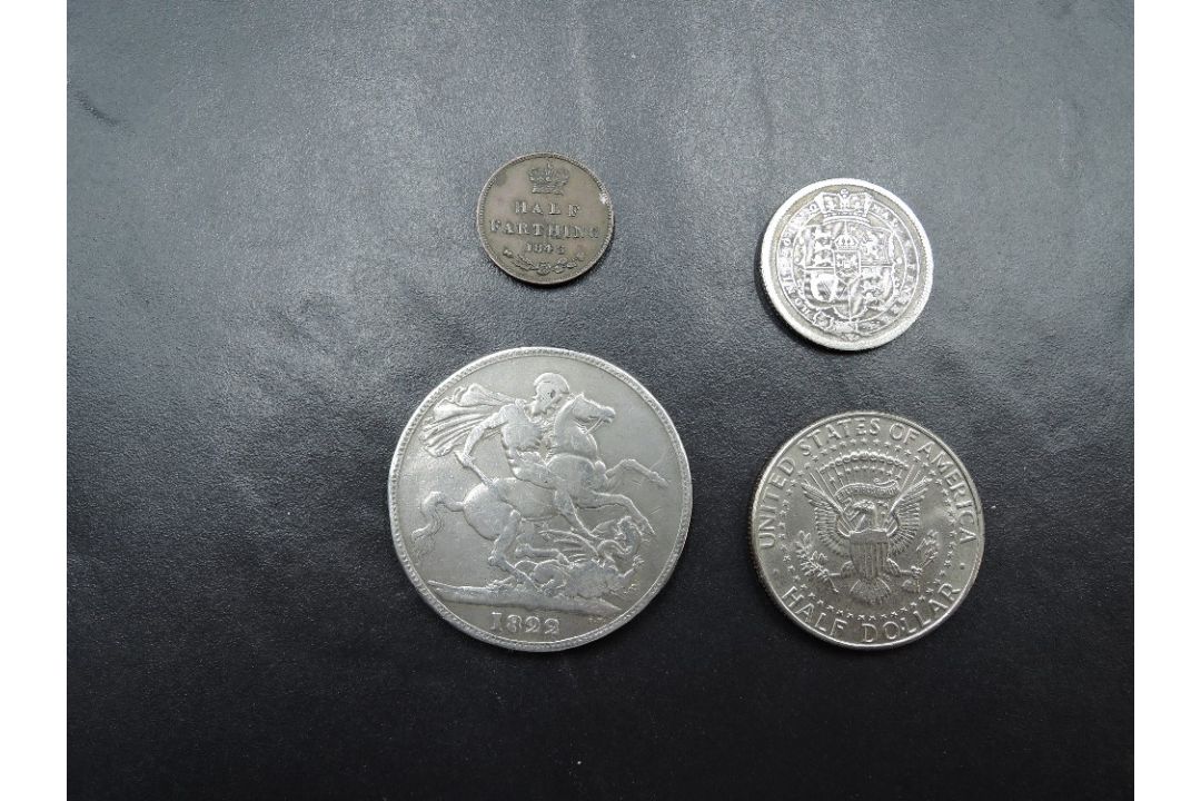 Four GB & US Coins, GB 1816 George III Silver Shilling, 1822 George III Silver Crown, 1843 Queen - Image 1 of 2