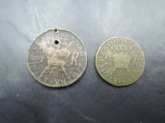 Two Irish Gun Money Coins, 1689 Large Half Crown XXX FeB, two small holes seen and 1690 Small Half