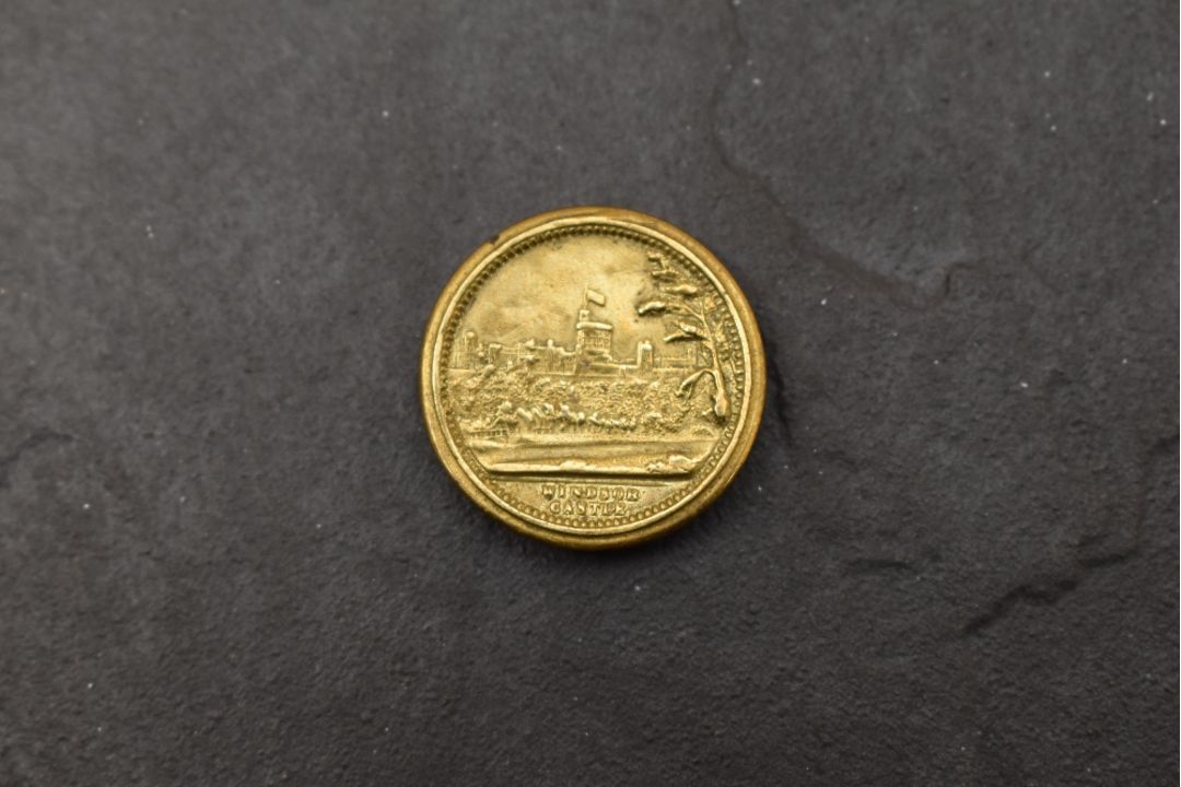 A set of seven Victorian toy money pieces, in original brass 'Windsor Castle' capsule, each coin - Image 1 of 3