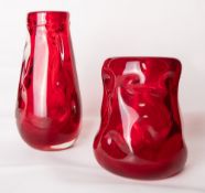 Two 1960's Whitefriars glass knobbley vases in ruby red, designed by William Wilson and Harry Dyer