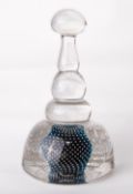 A unique one-off Whitefriars glass flint encased bubble over kingfisher blue core doorstop, of