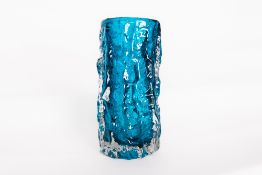 A Whitefriars glass Kingfisher Blue bark textured vase, designed by Geoffrey Baxter, catalogue