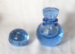A boxed Whitefriars glass controlled bubble inkwell and paperweight, in sapphire blue, the stopper