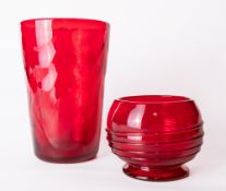 A Whitefriars glass ruby red wave ribbed tumbler vase, designed by Marriot Powell, catalogue