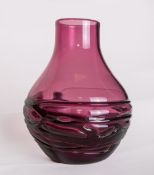 A Whitefriars glass Aubergine random Strapped Pot Belly vase, designed by Geoffrey Baxter, catalogue