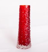 A Whitefriars glass ruby red textured and tapering Chimney or Finger vase, designed by Geoffrey
