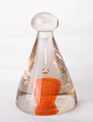 A Whitefriars glass flint encased bubble over tangerine core conical doorstop with ball capital,