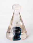 A Whitefriars glass flint encased bubble over kingfisher blue core conical doorstop with ball