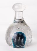 A Whitefriars glass flint encased bubble over kingfisher blue core doorstop, of mallet form with