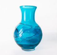 A Whitefriars glass Kingfisher Blue Random Strapped vase, of baluster form, designed by Geoffrey