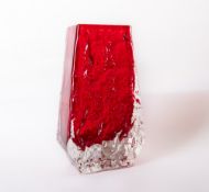 A Whitefriars glass ruby red textured coffin vase, designed by Geoffrey Baxter, catalogue number