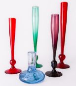Two Whitefriars glass ruby red bud vases, of slender knopped flute form with conical circular foot,