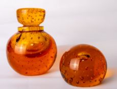 A Whitefriars glass controlled bubble inkwell, in amber, the stopper with etched number 22 to