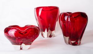 A group of three Whitefriars cased ruby red glass molar/lobed vases, comprising catalogue number