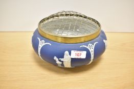 An Adams blue Jasper ware rose bowl, of traditional design with lift-off brass grill cover over