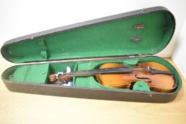 A traditional violin having 13 inch two piece back, with hard case
