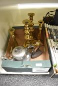 Four vintage brass candlesticks, a teapot with etched design, a flat iron and a silver plated