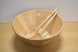 A large beech wood salad bowl and servers, measuring 18cm high