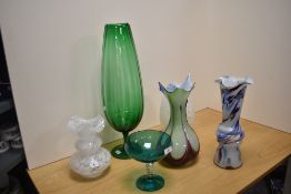 Six art glass vases including Czechoslovakian mottled glass, a tall fluted green glass vase and