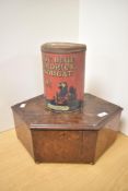 A vintage Boy Blue Licorice Nougat sweetie tin and an unusual hexagonal mahogany wooden box with