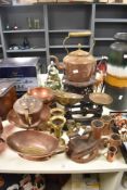 Librasco kitchen balance scale with weights, a selection of copper pots, dishes and kettles and a