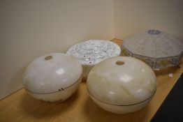 Four vintage glass light shades, including an art deco white multi-coloured platonnier shade, a