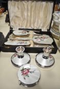 A cased ladies Gulloche enamel style dressing table set with matching candlesticks and trinket box.