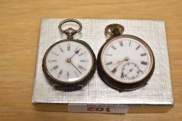 Two small ladies pocket watches, both having white dials and Roman numerals, one with a subsidiary