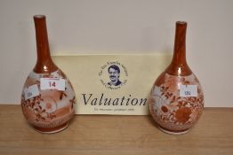 A pair of Japanese Kutani bottle vases, c.1900, decorated with sparrows in flight amongst
