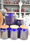 Five vintage Hornsea Heirloom storage jars, with walnut lids.