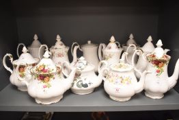 A group of eleven bone china teapots, to include Royal Albert Old Country Roses, Royal Albert Moss
