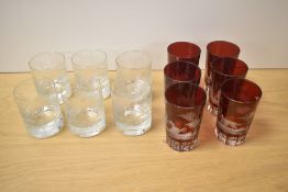 Six attractive matching etched small whisky tumblers sold along with six assorted etched patterned