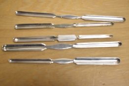 A group of five silver-plated marrow scoops, each of traditional design, including makers John Round
