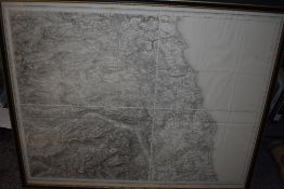 Maps. A large framed OS map of the North East from 1864/65. Measures: 35' x 28' approx. With; a
