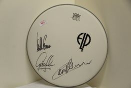 A fully signed Emerson , Lake and Palmer drum skin - whilst we cannot verify the signatures we do