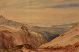 19th/20th Century, watercolour, A mountainous landscape with sea and islands in the distance,
