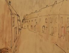 20th Century British School, pen wash, A street scene with terraced houses, signed 'S.B.' to the