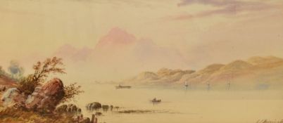 19th Century School, watercolours, Two idyllic landscapes with lakes, mountains, and fishing