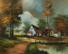 P.Russel (20th Century), oil on canvas, White wash farm buildings within an autumnal setting, signed