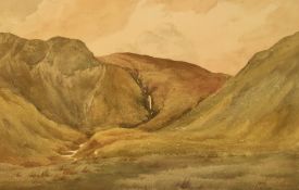 20th Century British School, watercolour, A remote waterfall within rolling fells, possibly