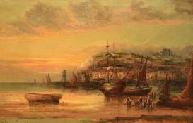 William Langley (act. 1880-1920, British), oil on canvas, A fishing fleet on the Whitby coastline,