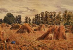 Edward George Hobley (1866-1916, British), watercolour, 'Harvest Time', a scene depicting haystacks,