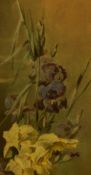 20th Century, pastel/paper, A still life arrangement depicting blue and yellow irises, framed and