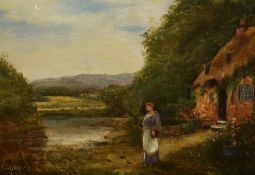 20th Century School, oil on board, A woman beside a thatched roof cottage, signed indistinctly to